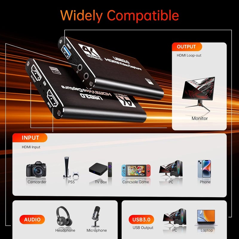 NEW HOPE HDMI Capture Card for Streaming, Full HD 1080P 60FPS Capture USB 3.0 Game Audio Video Capture Card,for Streaming Camera/Xbox/PS4/PS5/Switch/PC - Image 2